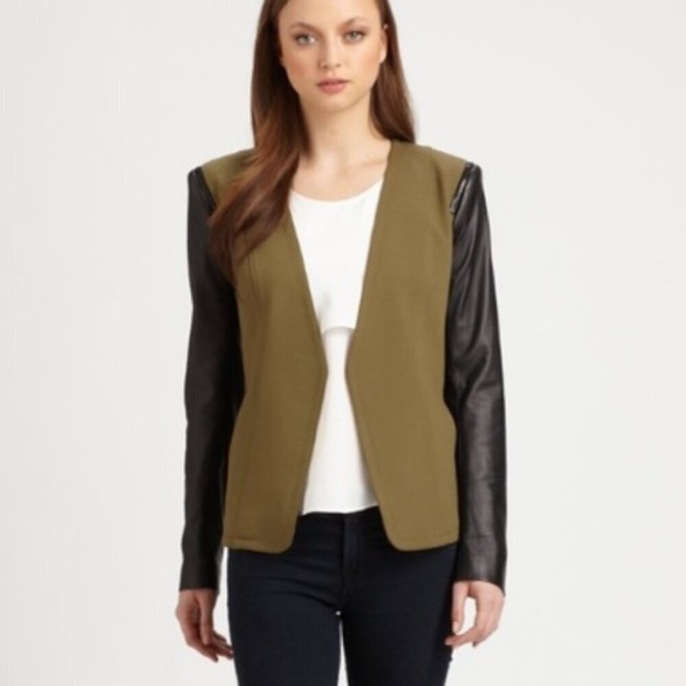 Theory Pryor Yaisa Ponti Leather Sleeve Cactus Olive Green Blazer